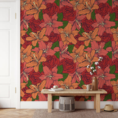 Colorful Retro Striped Red Roses and Flowers Wallpaper, Vivid Rose and Lily Flower Wall Poster, Drawwing Illustration Garden Wallpaper