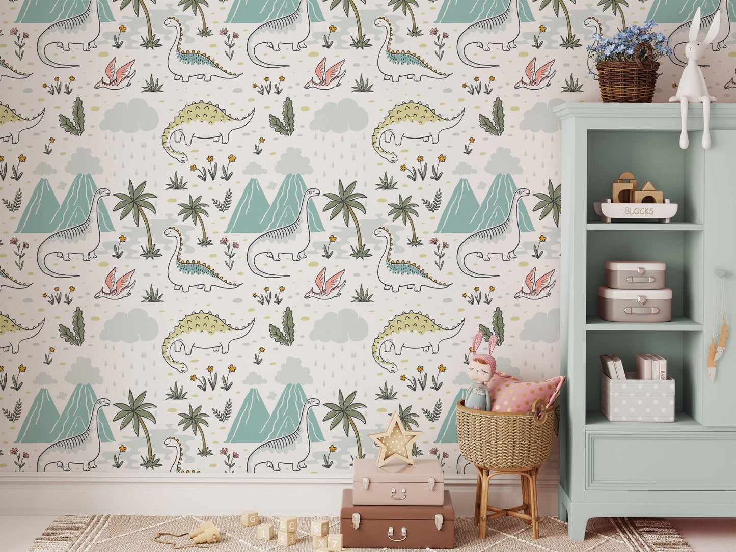 Dinosaur Drawings with Flowers Kids Wallpaper, Drawing Cute Dinosaur 3D Wall Poster, Kids Wallpaper, Sketch Baby Wallpaper,Wallpaper Nursery