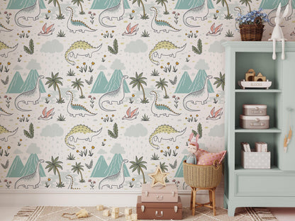 Dinosaur Drawings with Flowers Kids Wallpaper, Drawing Cute Dinosaur 3D Wall Poster, Kids Wallpaper, Sketch Baby Wallpaper,Wallpaper Nursery