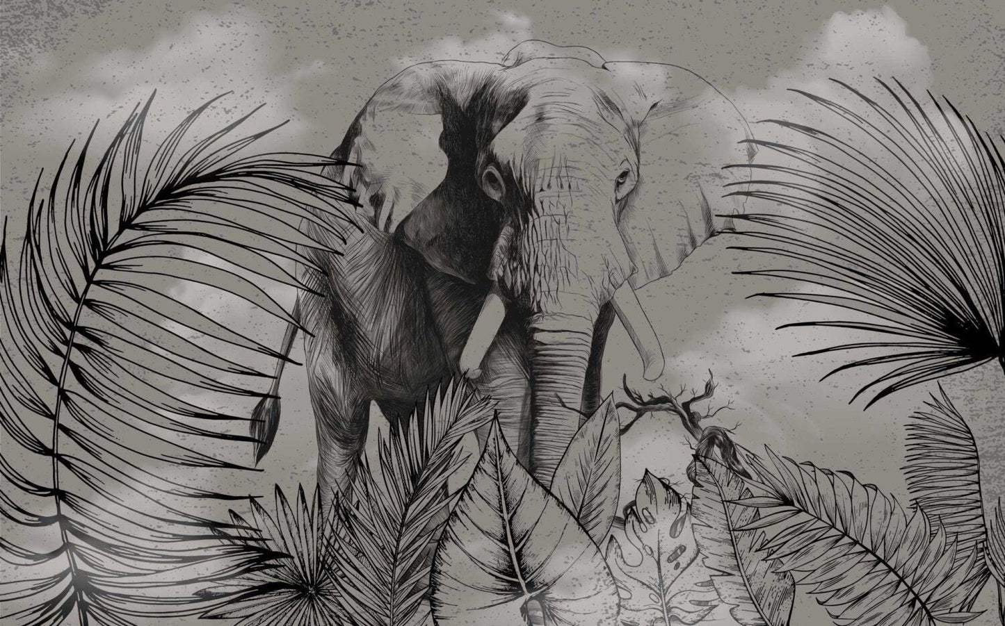 Black and White Elephant Pattern Wallpaper, Tropical Forest Wallpaper, Rainforest Wallpaper, Exotic Plant Floral Wallpaper