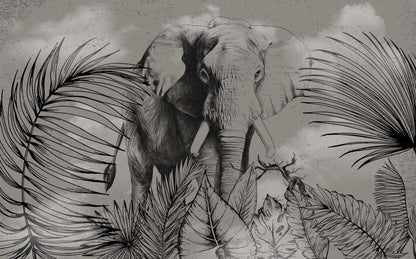 Black and White Elephant Pattern Wallpaper, Tropical Forest Wallpaper, Rainforest Wallpaper, Exotic Plant Floral Wallpaper