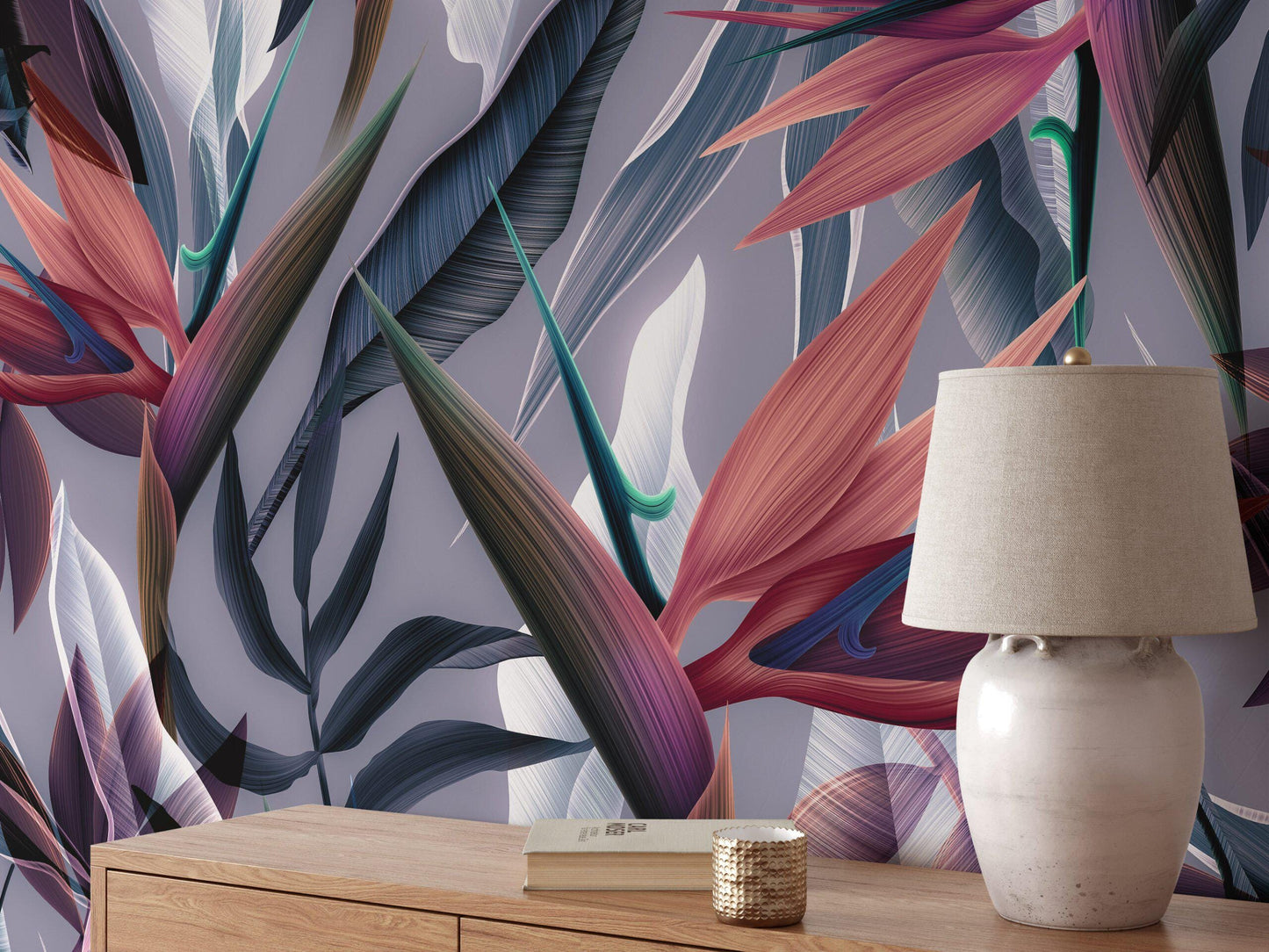 Dark Themed Bird of Paradise Flower Tropical Wallpaper, Abstract Botanical Wall Poster, Elegant Plants Wallpaper, Illustration Wallpaper