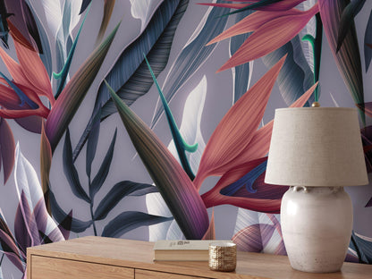 Dark Themed Bird of Paradise Flower Tropical Wallpaper, Abstract Botanical Wall Poster, Elegant Plants Wallpaper, Illustration Wallpaper