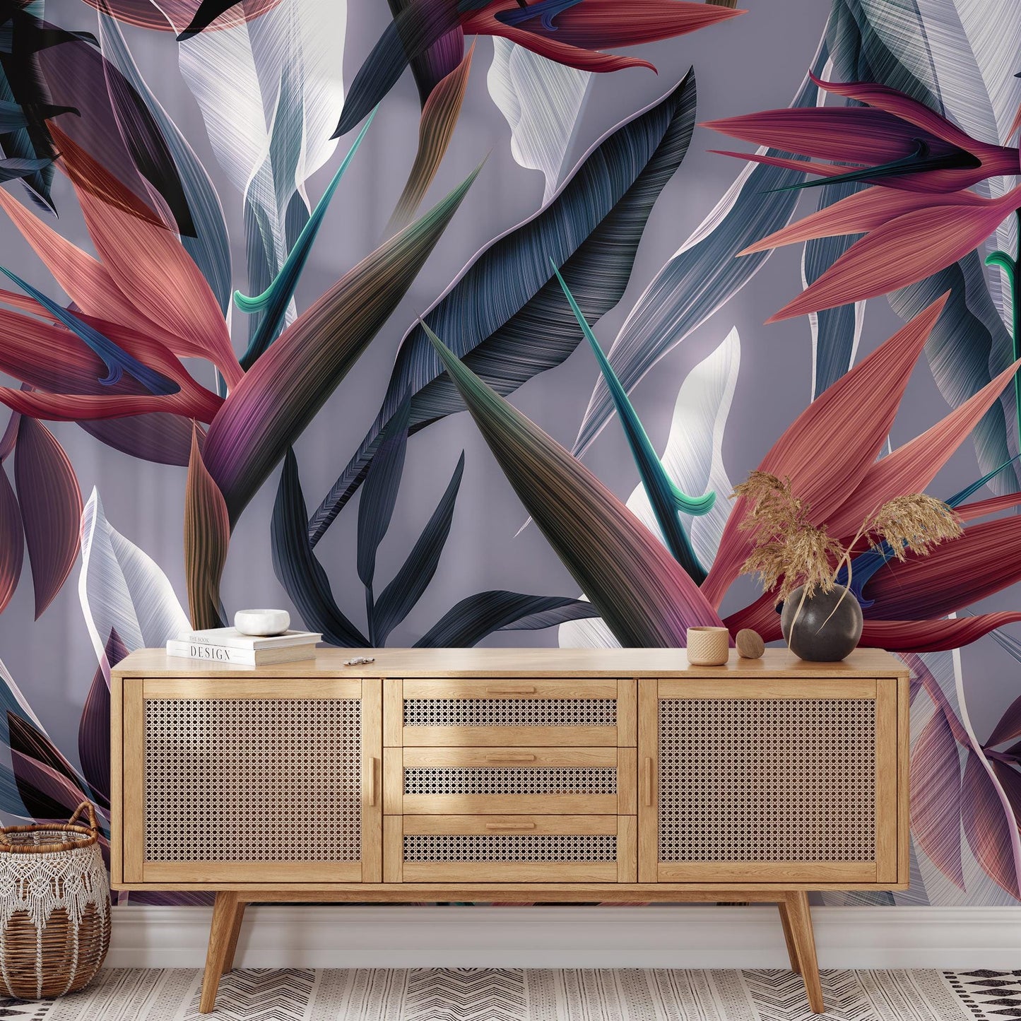 Dark Themed Bird of Paradise Flower Tropical Wallpaper, Abstract Botanical Wall Poster, Elegant Plants Wallpaper, Illustration Wallpaper