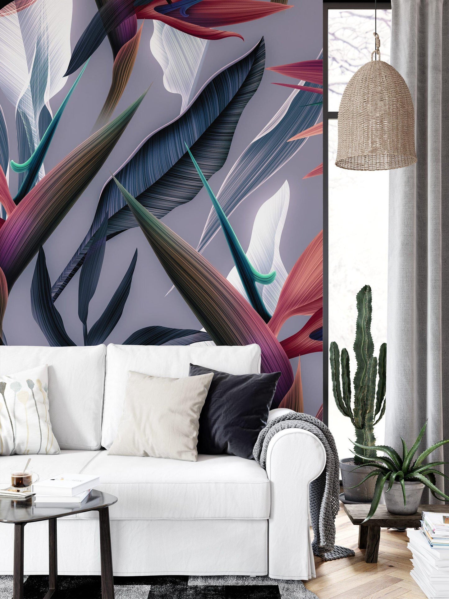Dark Themed Bird of Paradise Flower Tropical Wallpaper, Abstract Botanical Wall Poster, Elegant Plants Wallpaper, Illustration Wallpaper