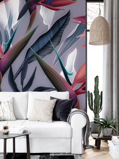Dark Themed Bird of Paradise Flower Tropical Wallpaper, Abstract Botanical Wall Poster, Elegant Plants Wallpaper, Illustration Wallpaper