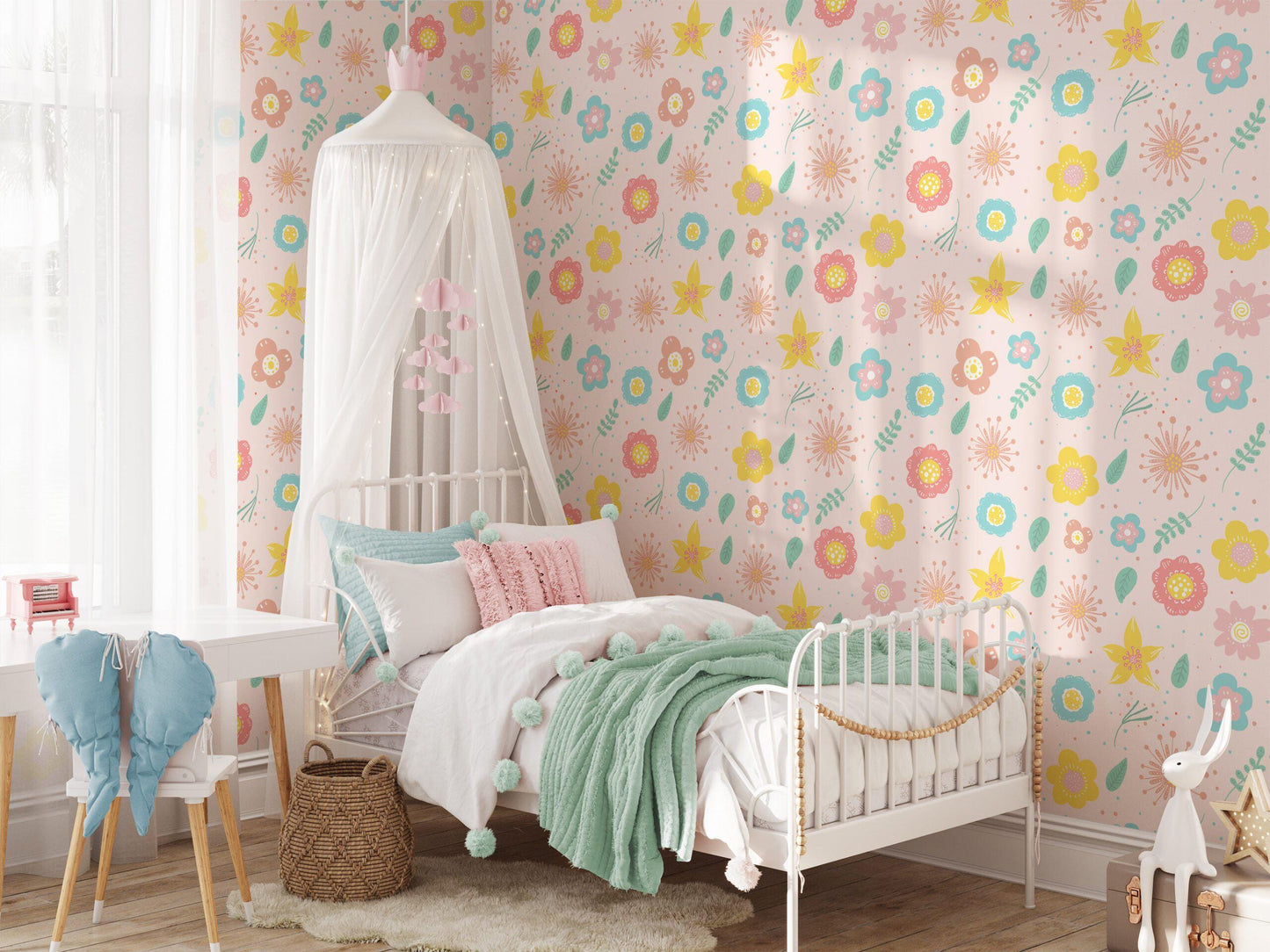 Abstract Colorful Flowers Baby Girl Wallpaper, Floral Kidsroom Wall Poster, Mini Flowers Wallpaper,Illustration Watercolor Wallpaper Nursery