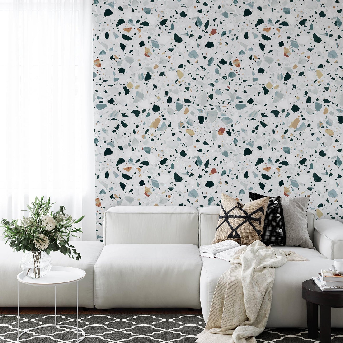 Modern Terrazzo Wallpaper, Small Colored Stone Patterns Kids Wallpaper on White Background, Wallpaper Nursery, Colourful Baby Room Wallpaper
