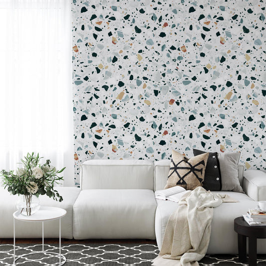 Modern Terrazzo Wallpaper, Small Colored Stone Patterns Kids Wallpaper on White Background, Wallpaper Nursery, Colourful Baby Room Wallpaper