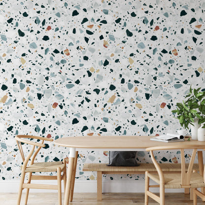 Modern Terrazzo Wallpaper, Small Colored Stone Patterns Kids Wallpaper on White Background, Wallpaper Nursery, Colourful Baby Room Wallpaper