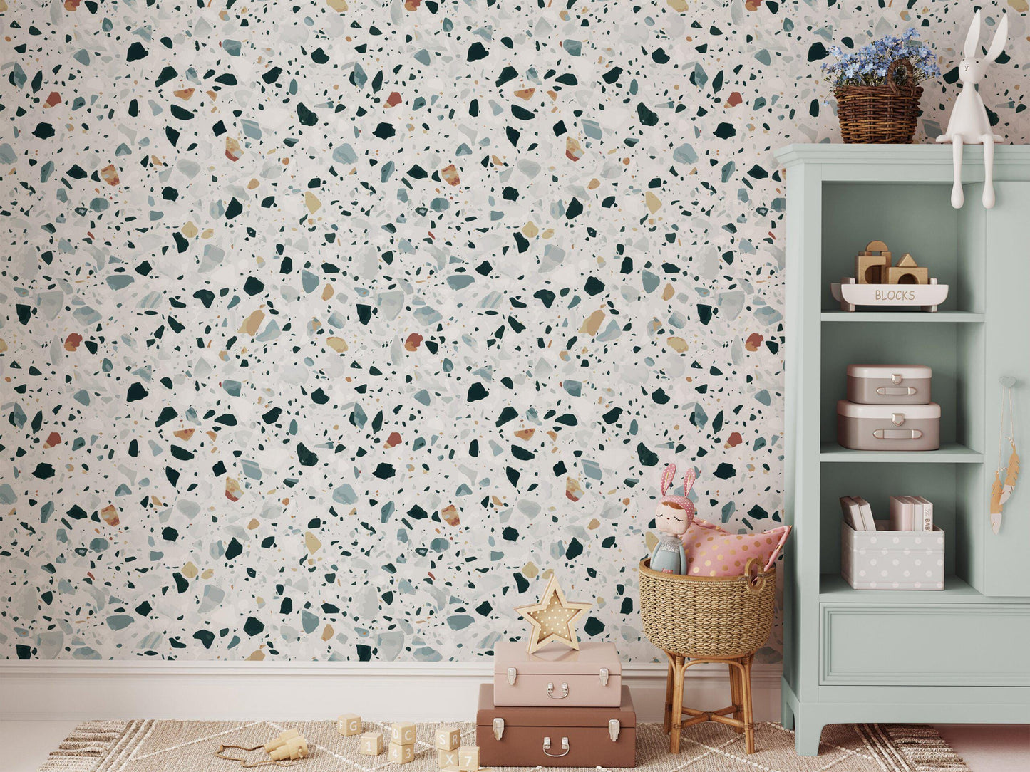 Modern Terrazzo Wallpaper, Small Colored Stone Patterns Kids Wallpaper on White Background, Wallpaper Nursery, Colourful Baby Room Wallpaper