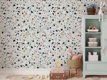 Modern Terrazzo Wallpaper, Small Colored Stone Patterns Kids Wallpaper on White Background, Wallpaper Nursery, Colourful Baby Room Wallpaper