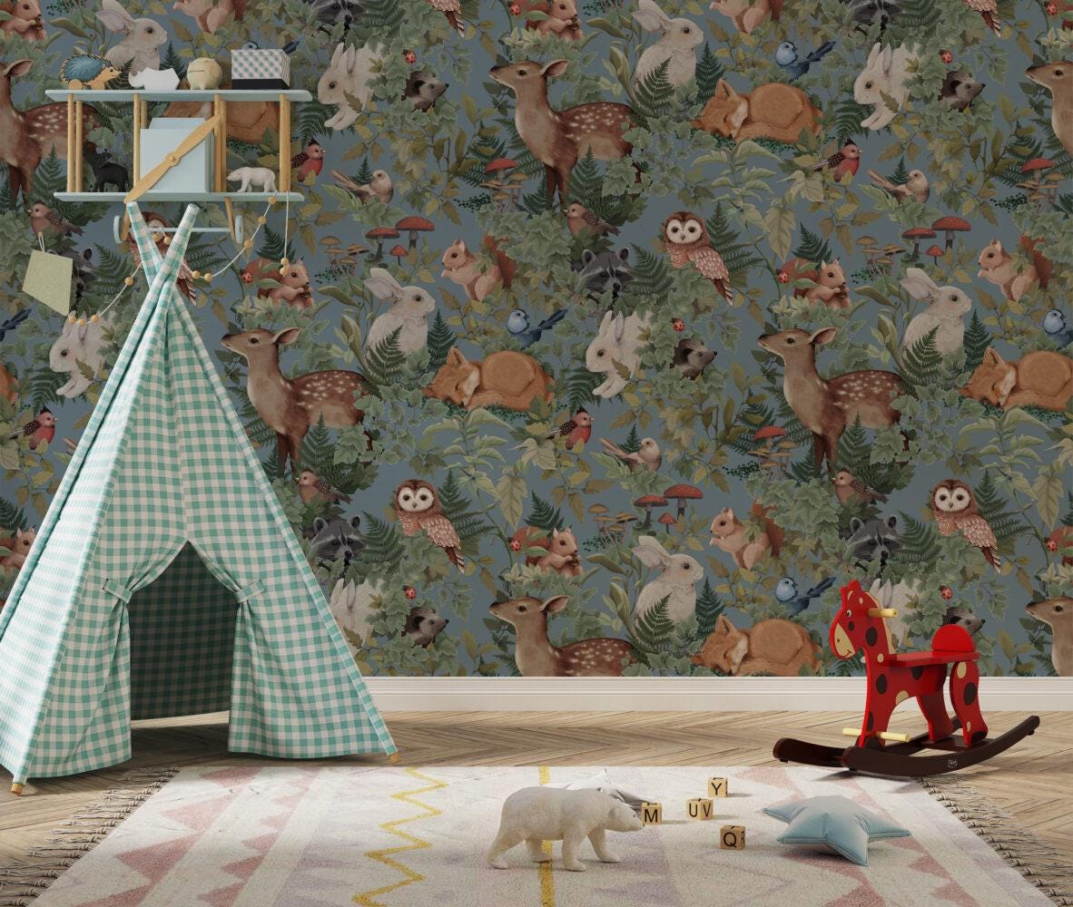 Jimmy Cricket Pattern Wallpaper in Light Colors, illustration Wallpaper Nursery, Peel and Stick Wallpaper, Watercolor Rabbit Child Wallpaper