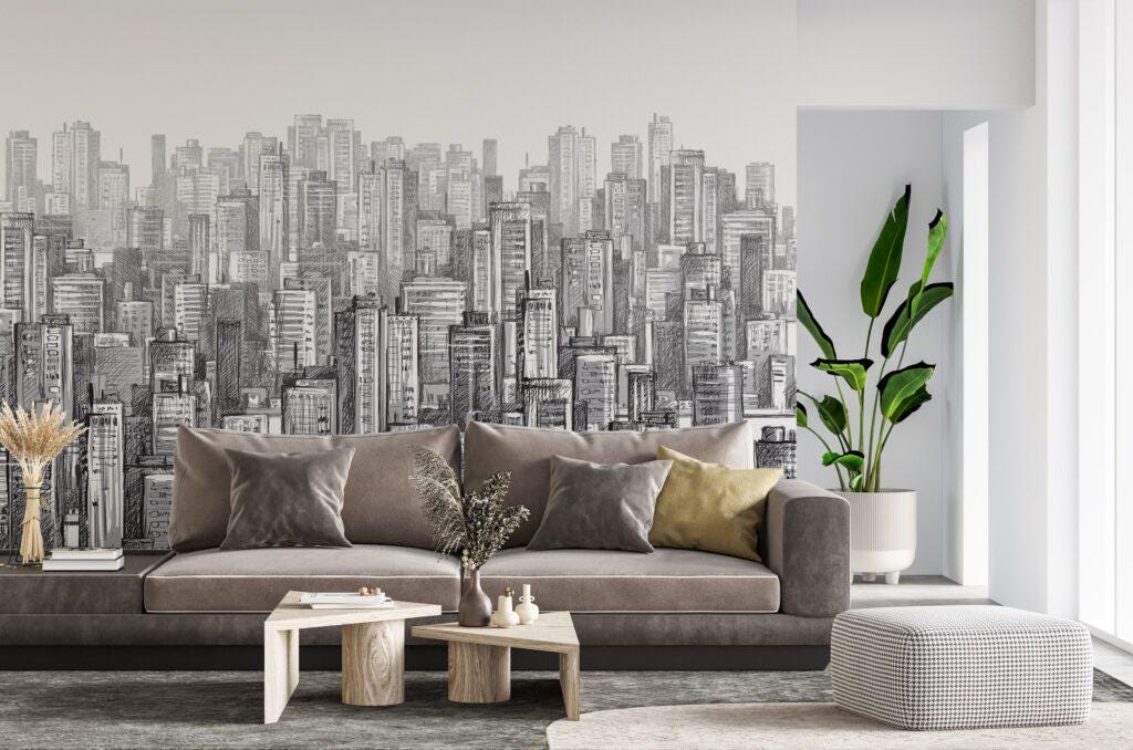 3D Pencil Drawing Multi-Building Pattern Wallpaper, Black and White Peel and Stick Wallpaper, Stylish Room Design, Abstract Wallpaper