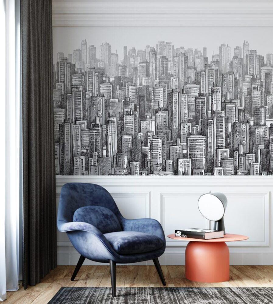 3D Pencil Drawing Multi-Building Pattern Wallpaper, Black and White Peel and Stick Wallpaper, Stylish Room Design, Abstract Wallpaper