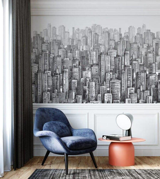 3D Pencil Drawing Multi-Building Pattern Wallpaper, Black and White Peel and Stick Wallpaper, Stylish Room Design, Abstract Wallpaper