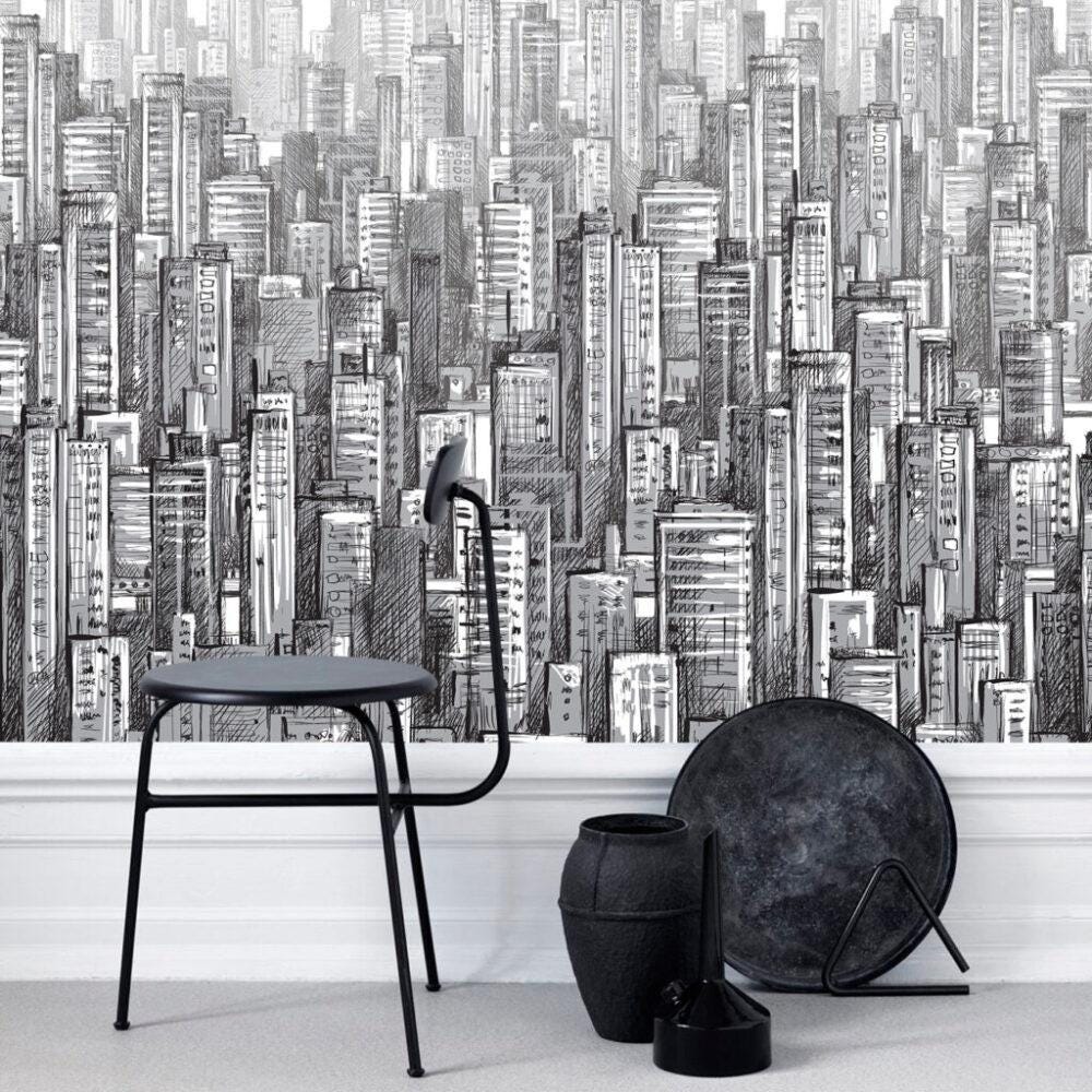 3D Pencil Drawing Multi-Building Pattern Wallpaper, Black and White Peel and Stick Wallpaper, Stylish Room Design, Abstract Wallpaper