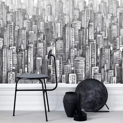 3D Pencil Drawing Multi-Building Pattern Wallpaper, Black and White Peel and Stick Wallpaper, Stylish Room Design, Abstract Wallpaper