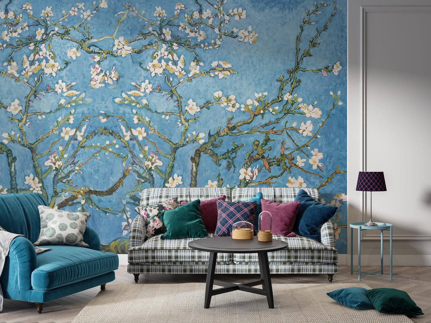 Almond Tree with Spring Flowers Wallpaper, Floral Wallpaper, Romantic Wall Mural, Peel and Stick Wallpaper, illustration Drawing Wallpaper