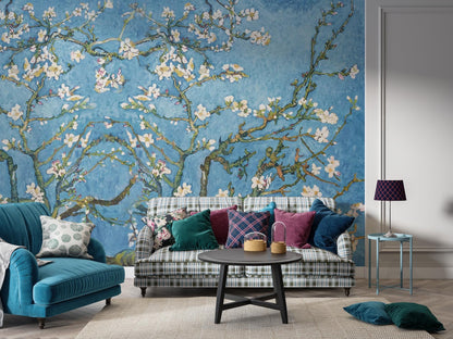 Almond Tree with Spring Flowers Wallpaper, Floral Wallpaper, Romantic Wall Mural, Peel and Stick Wallpaper, illustration Drawing Wallpaper