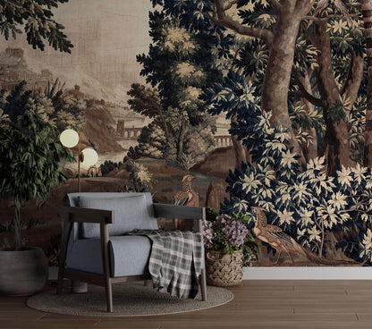 Forest River and Birds Cityscape Wallpaper, Trees Wallpaper, Bohemian Wall Mural, Natural Wall Peel and Stick Wallpaper, Mystic Room Design