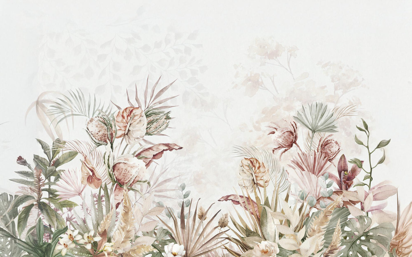 Exotic Flowers Wallpaper in Pastel Tones, Floral Wallpaper, Soft Color Romantic Wall Mural, Peel and Stick Wallpaper, Drawing Wallpaper