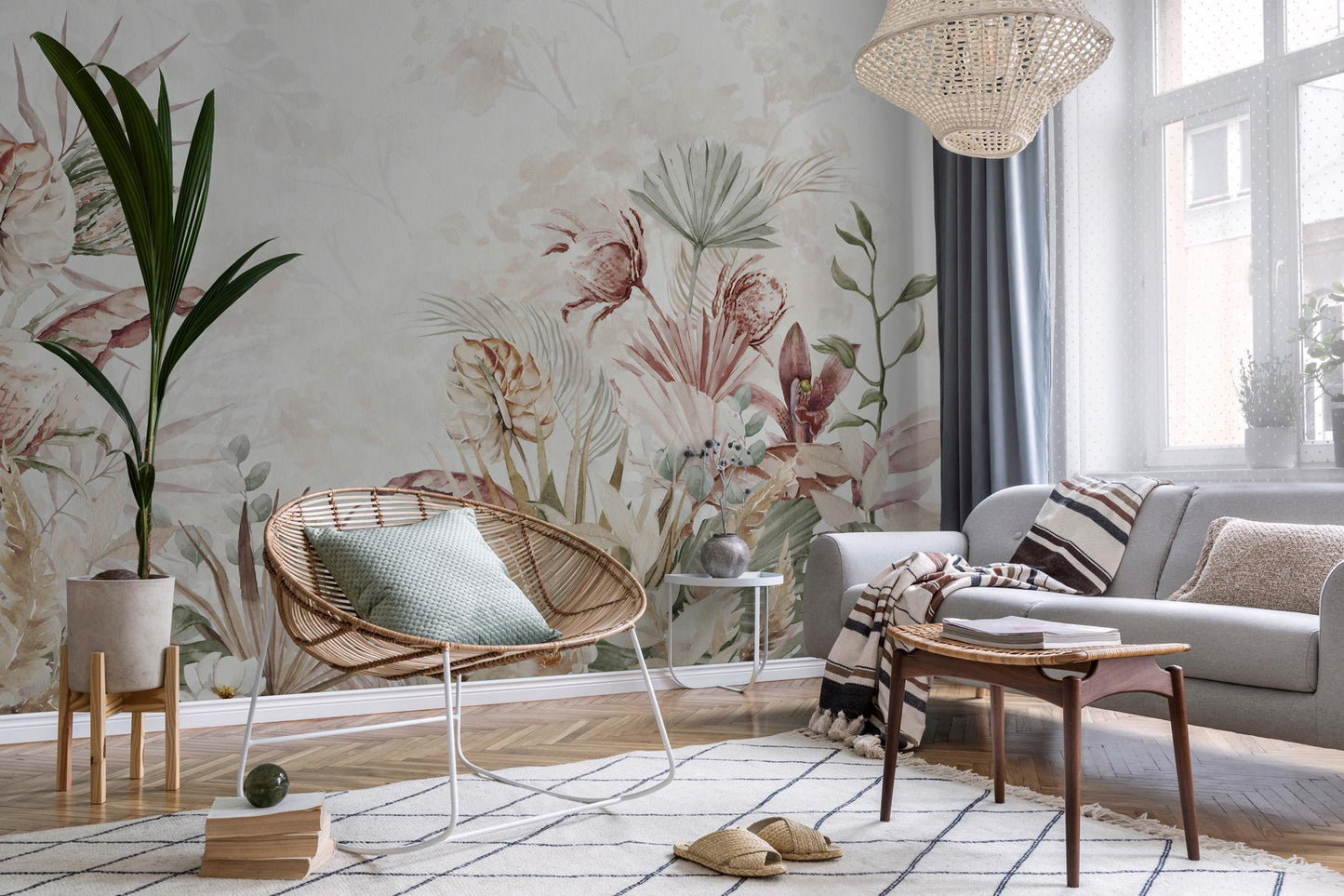 Exotic Flowers Wallpaper in Pastel Tones, Floral Wallpaper, Soft Color Romantic Wall Mural, Peel and Stick Wallpaper, Drawing Wallpaper