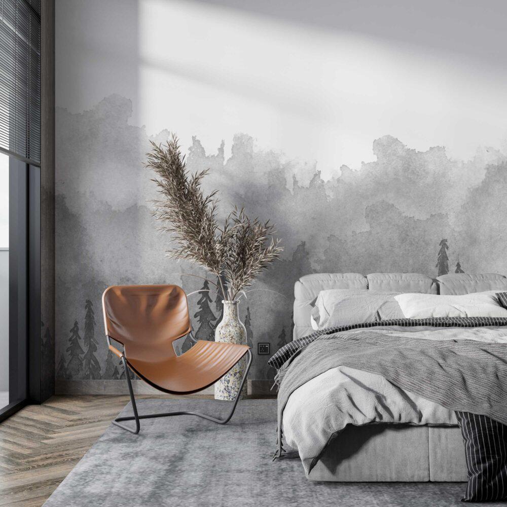 Misty Forest Watercolor Technique Wallpaper, Gray Wallpaper, Bohemian Wall Mural, Cool Peel and Stick Wallpaper, Dark Stylish Room Design