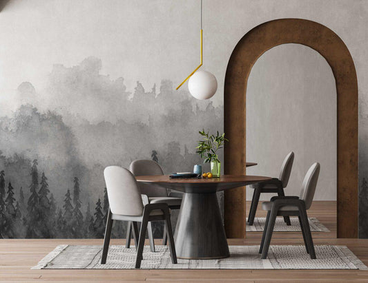 Misty Forest Watercolor Technique Wallpaper, Gray Wallpaper, Bohemian Wall Mural, Cool Peel and Stick Wallpaper, Dark Stylish Room Design