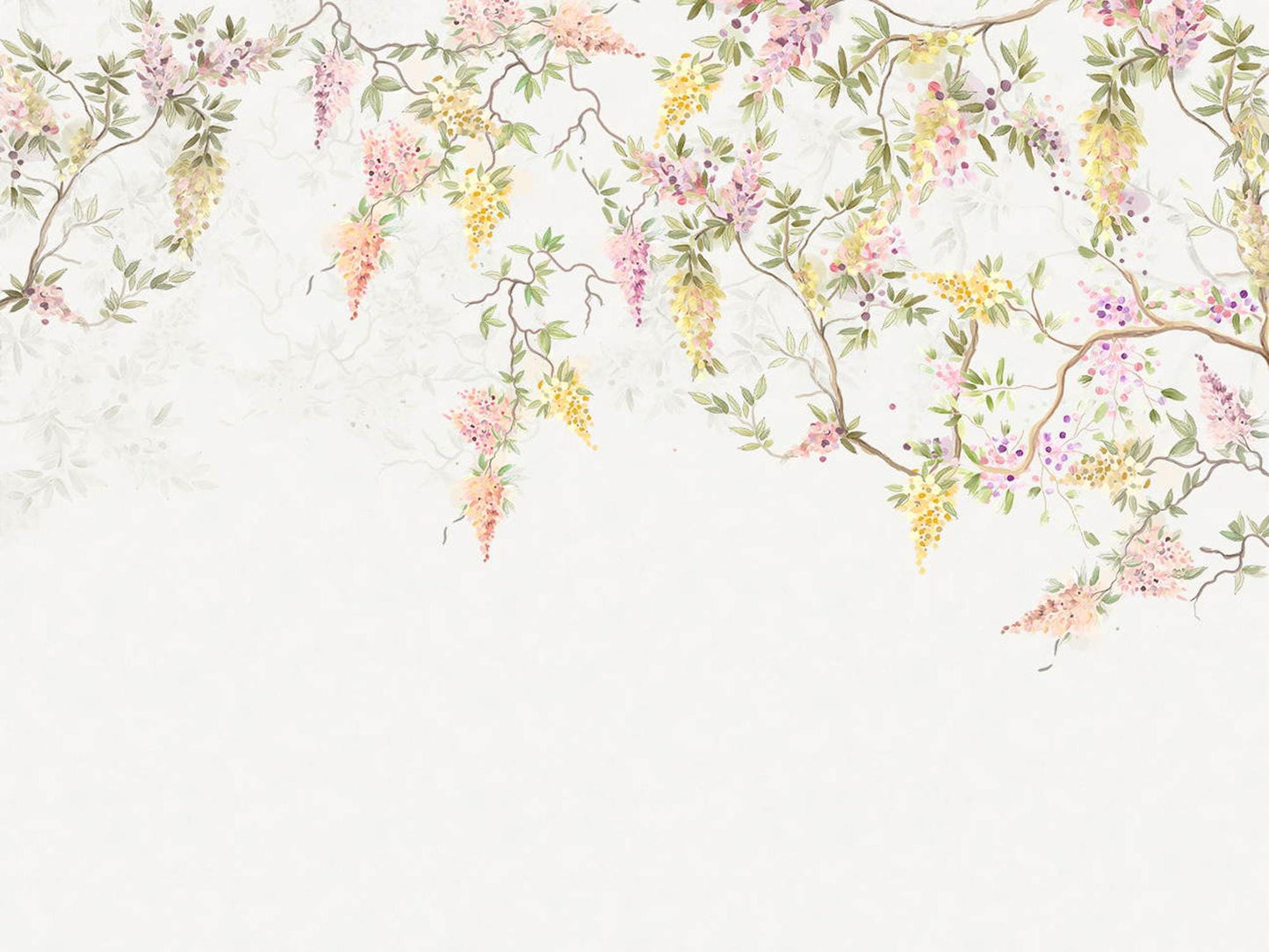 Wisteria Flower Tree Wallpaper, Floral Wallpaper, Colourful Romantic Wall Mural, Peel and Stick Wallpaper, Spring Themed Drawing Wallpaper