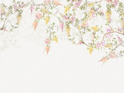 Wisteria Flower Tree Wallpaper, Floral Wallpaper, Colourful Romantic Wall Mural, Peel and Stick Wallpaper, Spring Themed Drawing Wallpaper
