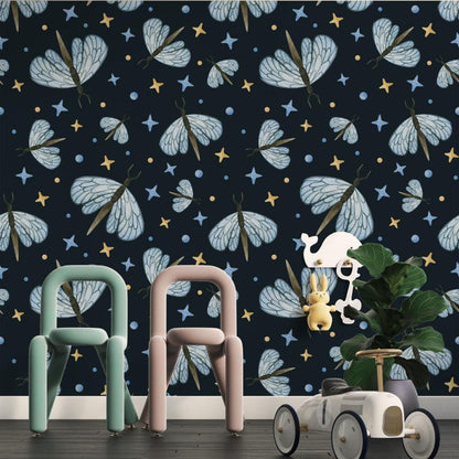 Butterfly and Stars Wallpaper on dark blue background, Peel and Stick Wallpaper, Stylish Room Design, Modern Abstract Pattern Wallpaper