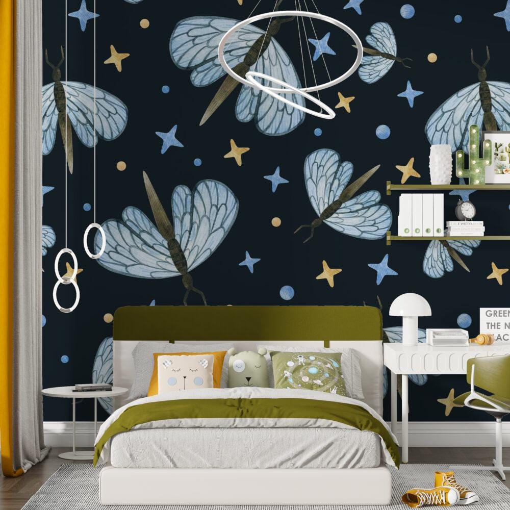 Butterfly and Stars Wallpaper on dark blue background, Peel and Stick Wallpaper, Stylish Room Design, Modern Abstract Pattern Wallpaper