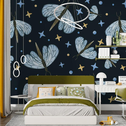 Butterfly and Stars Wallpaper on dark blue background, Peel and Stick Wallpaper, Stylish Room Design, Modern Abstract Pattern Wallpaper