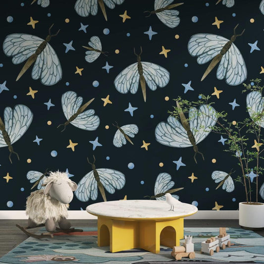 Butterfly and Stars Wallpaper on dark blue background, Peel and Stick Wallpaper, Stylish Room Design, Modern Abstract Pattern Wallpaper