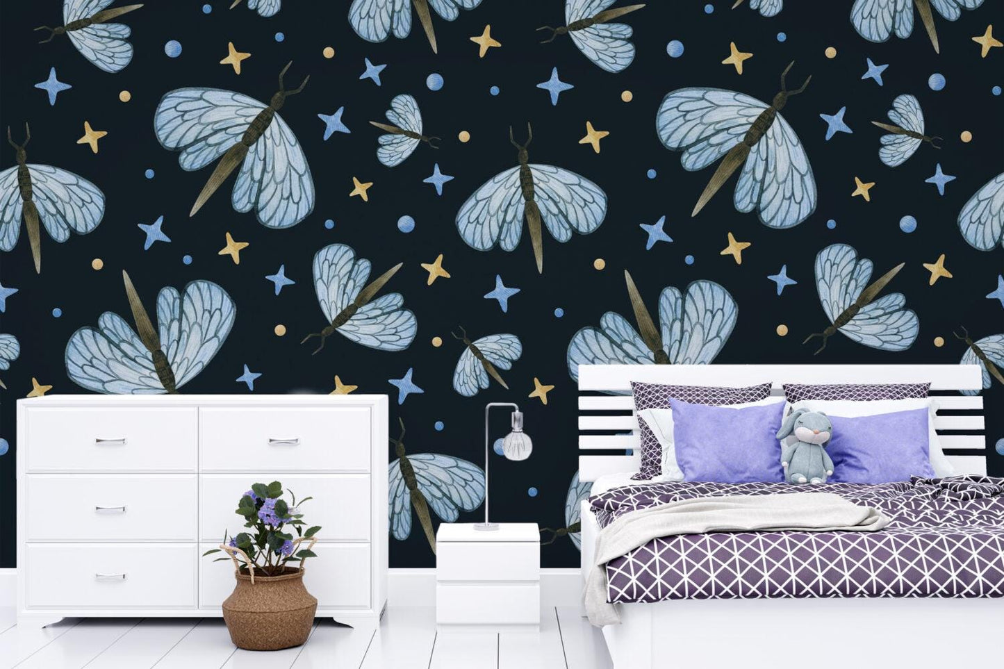 Butterfly and Stars Wallpaper on dark blue background, Peel and Stick Wallpaper, Stylish Room Design, Modern Abstract Pattern Wallpaper