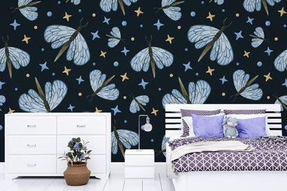 Butterfly and Stars Wallpaper on dark blue background, Peel and Stick Wallpaper, Stylish Room Design, Modern Abstract Pattern Wallpaper