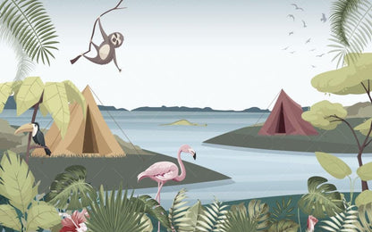 Lakeside Campsite Wallpaper, 3D Children Wallpaper, illustration Wallpaper Nursery, Flamingo Monkey Parrot Wallpaper, Watercolor Kid's Mural