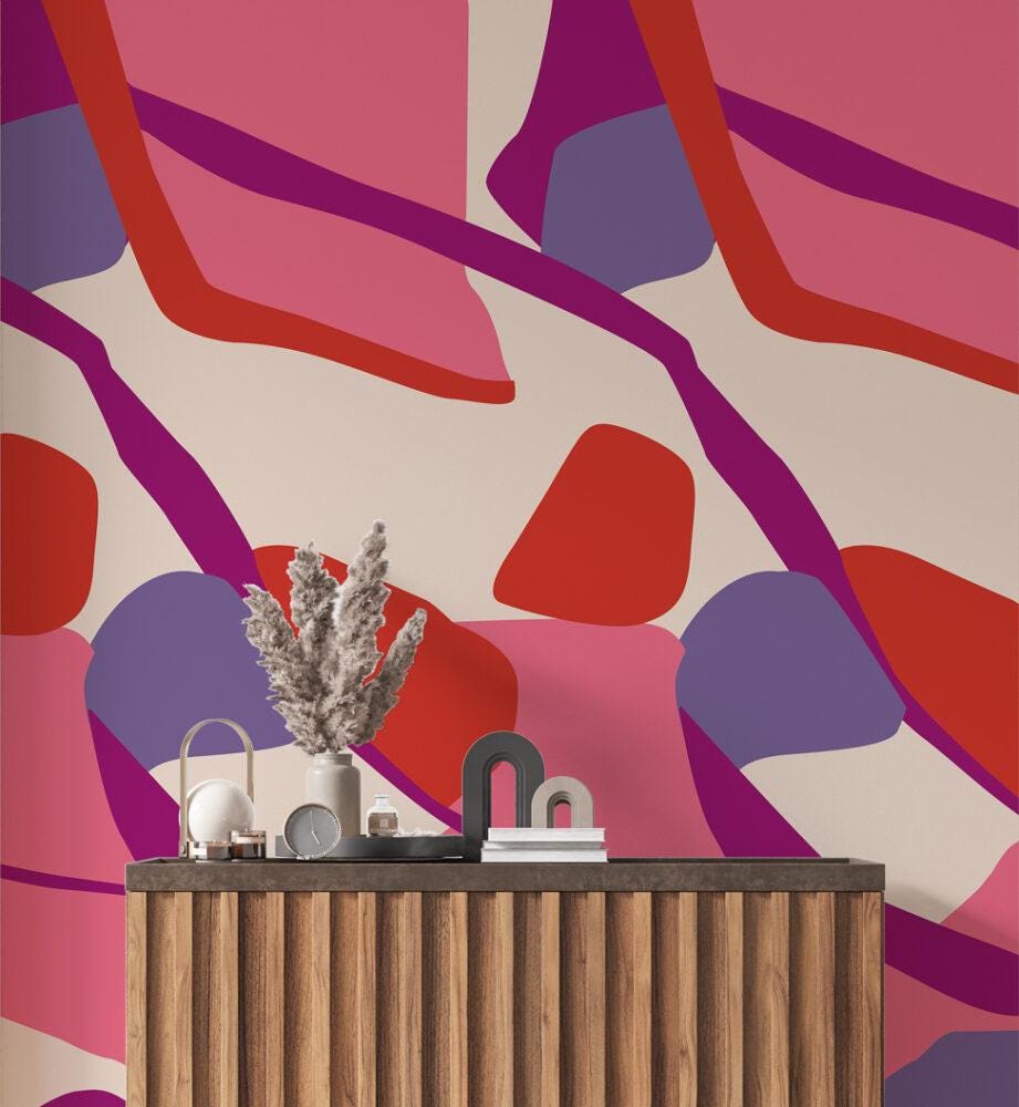 Colorful Abstrack Patterns Wallpaper , Dynamic Color's and Shaped Wallpaper, Special Design Asymmetrical patterned Bathroom Wallpaper