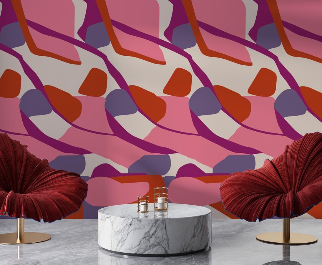 Colorful Abstrack Patterns Wallpaper , Dynamic Color's and Shaped Wallpaper, Special Design Asymmetrical patterned Bathroom Wallpaper