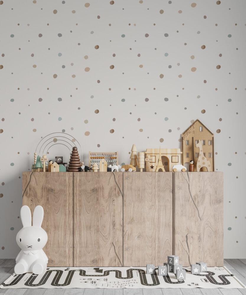 Children's Wallpaper with Colorful Polka Dot Pattern on a White Background, Child Wallpaper, Bright Wallpaper Nursery, Baby Room Wallpaper