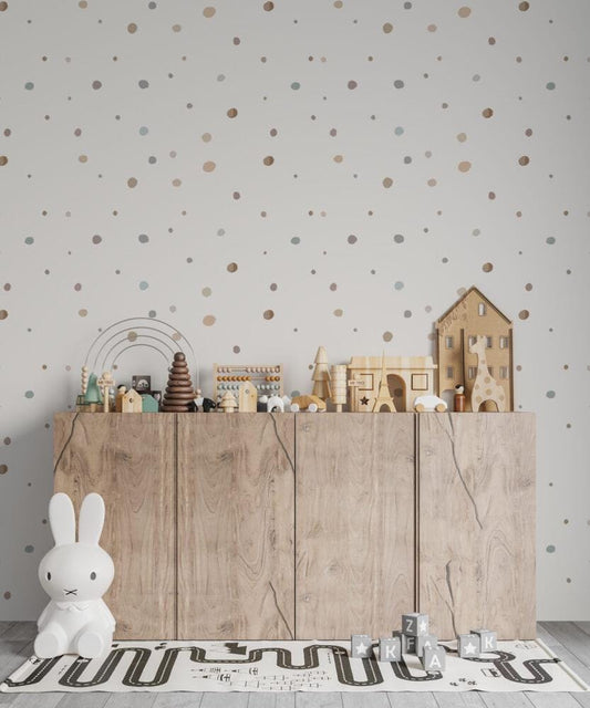 Children's Wallpaper with Colorful Polka Dot Pattern on a White Background, Child Wallpaper, Bright Wallpaper Nursery, Baby Room Wallpaper