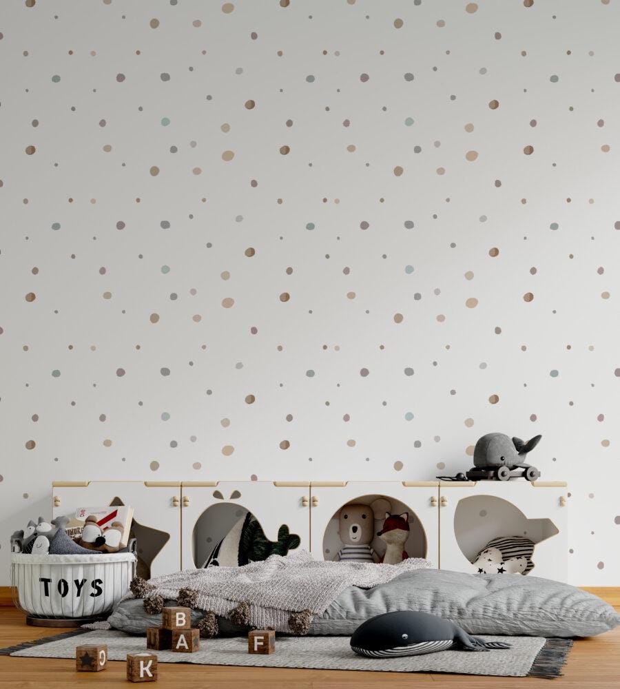 Children's Wallpaper with Colorful Polka Dot Pattern on a White Background, Child Wallpaper, Bright Wallpaper Nursery, Baby Room Wallpaper