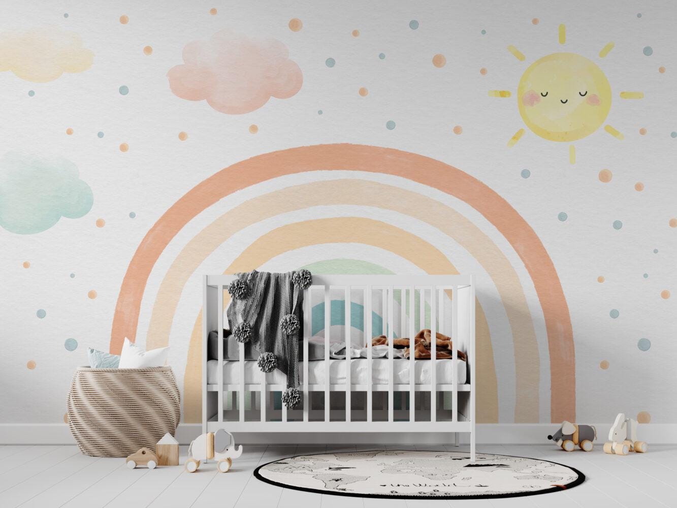 Soft Colorful Sun And Rainbow Kids Wallpaper, Fun Polka Dot Patterned Wallpaper Nursery, Bright Child Wallpaper, Cute Baby Girl Wallpaper