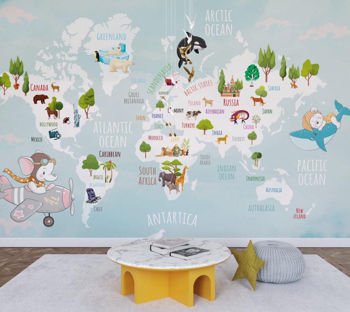 3D Wallpaper with Children's Map with Animals on Turquoise Background, Children Wallpaper , Peel and Stick Wallpaper Nursery, Baby Wallpaper