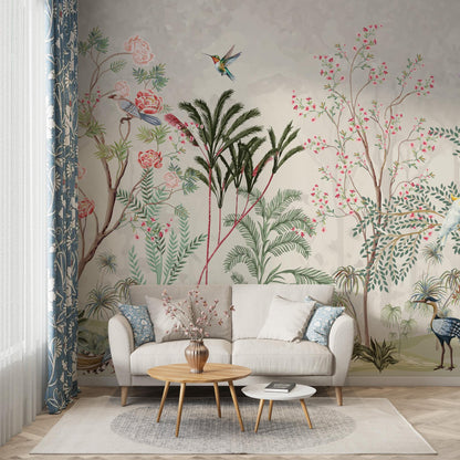 Flowering Trees and Rosewood Wallpaper, Exotic Botany Wallpaper, Romantic Wall Mural, Peel and Stick Wallpaper, Birds Drawing Wallpaper