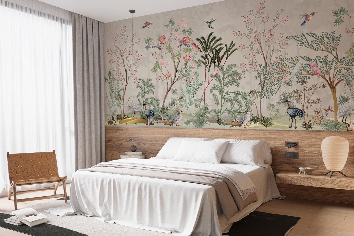 Flowering Trees and Rosewood Wallpaper, Exotic Botany Wallpaper, Romantic Wall Mural, Peel and Stick Wallpaper, Birds Drawing Wallpaper