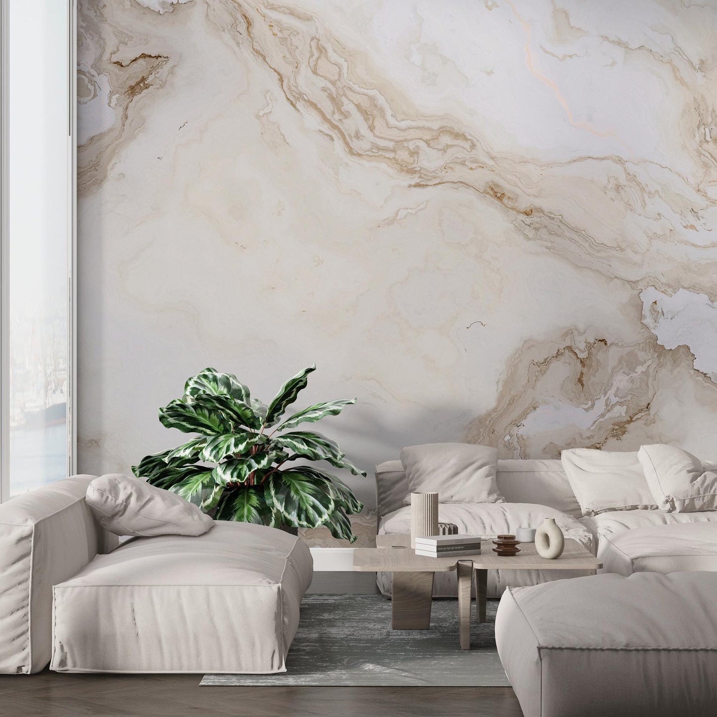 Veined Marble Wallpaper in Beige Colors, Abstract Peel and Stick Wallpaper, Stylish Room Design, Modern Pattern Wallpaper, Cool Mural