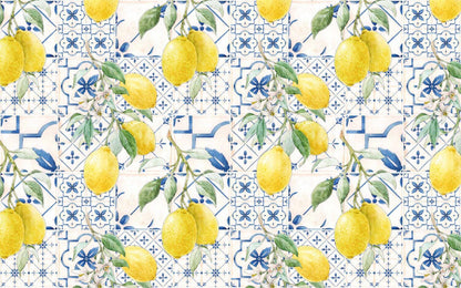 Tile and Lemon Flowers Wallpaper, Floral Wallpaper, Romantic Wall Mural, Peel and Stick Orchard Wallpaper, illustration Drawing Wallpaper