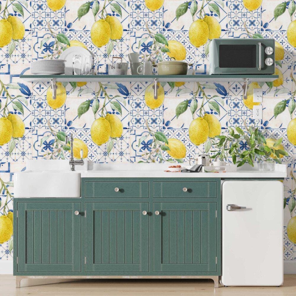 Tile and Lemon Flowers Wallpaper, Floral Wallpaper, Romantic Wall Mural, Peel and Stick Orchard Wallpaper, illustration Drawing Wallpaper